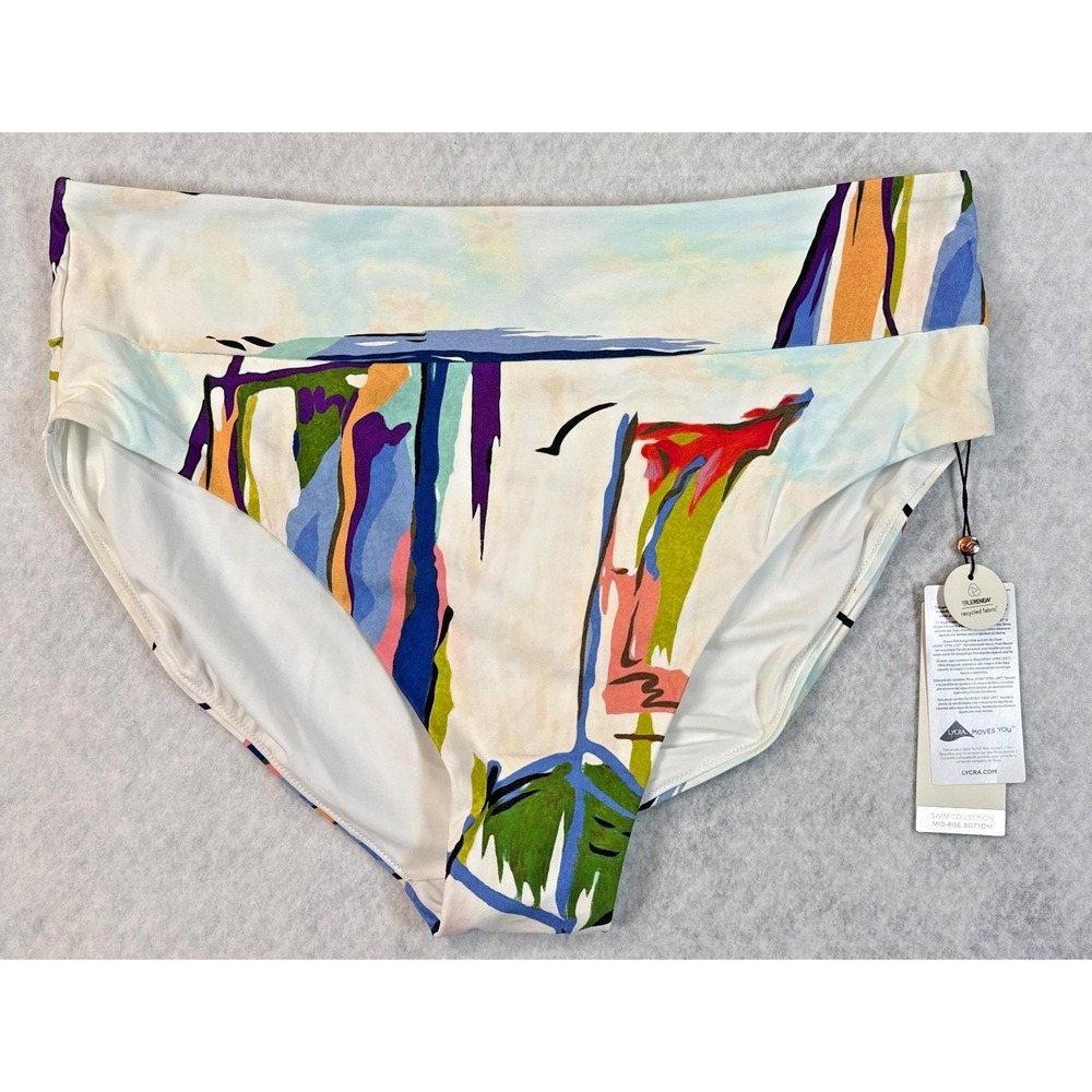 Calia Wide Band Bikini Bottom Womens 1X Tahitian Print High Leg Swim NWT